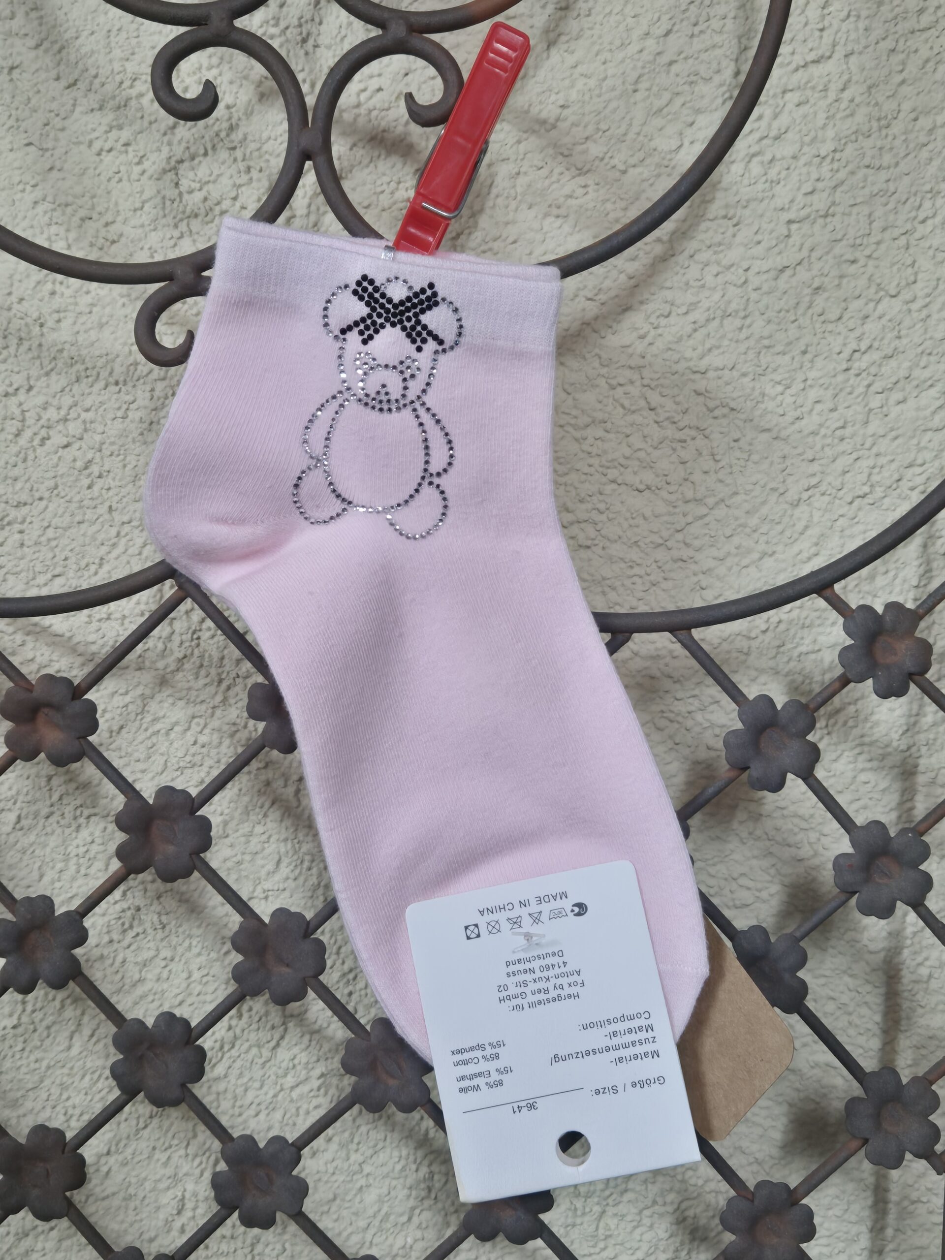 Sneakersocken mit Bärchen-Motiv aus Strasssteinchen