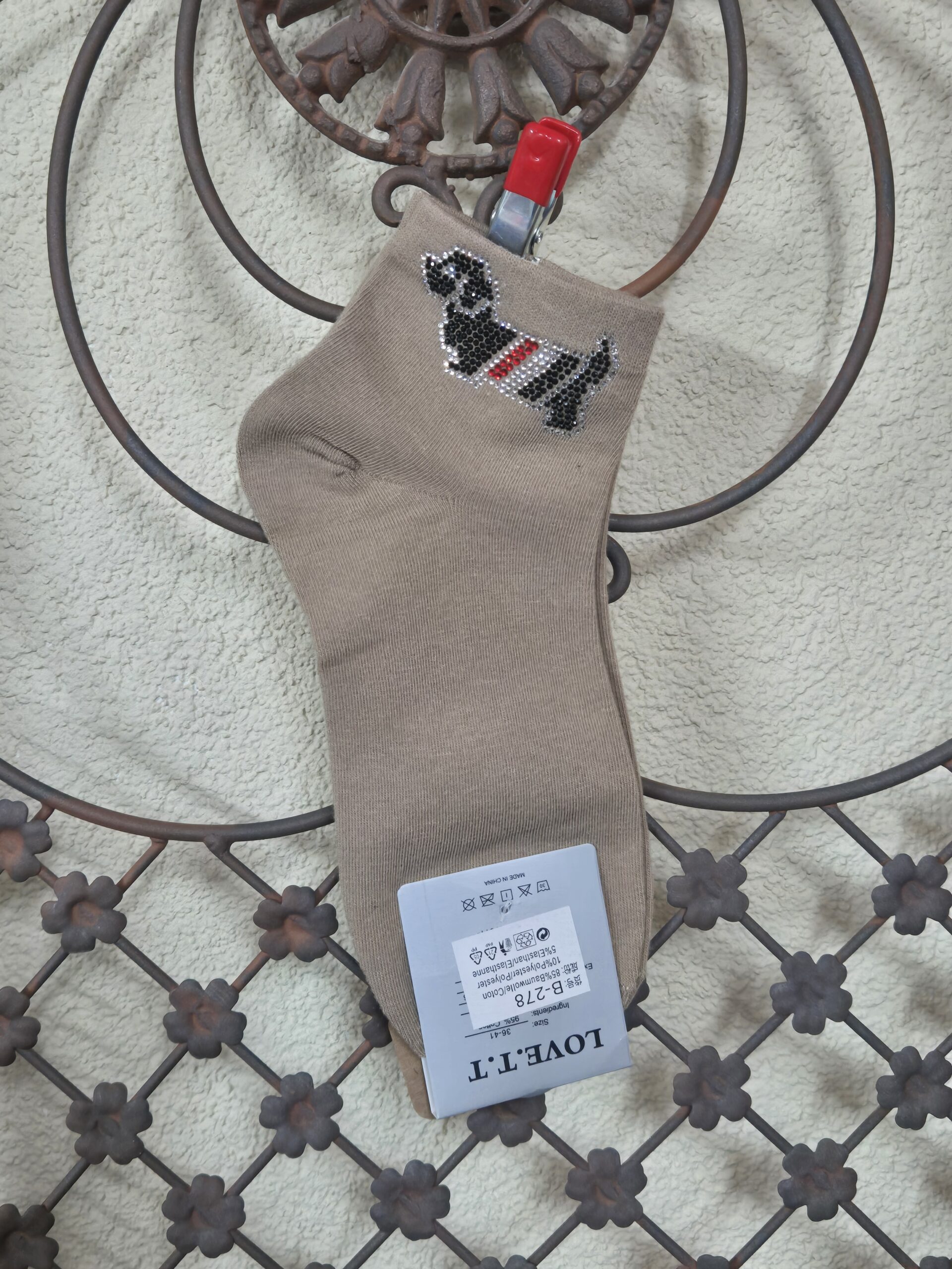 Sneakersocken mit Dackel aus Strass, Onesize 36-41