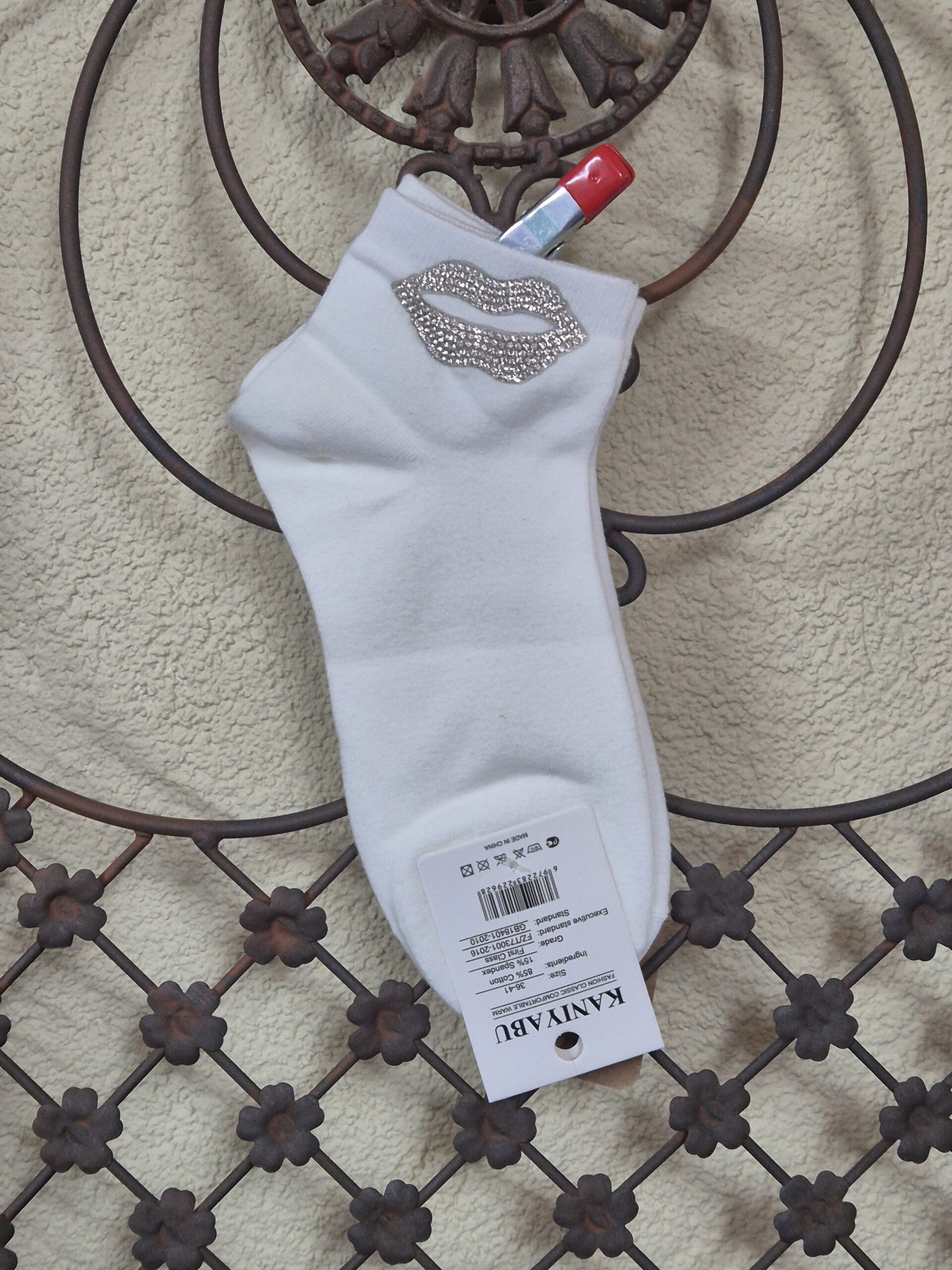 Sneakersocken mit Kussmund aus Strass, Onesize 36-41